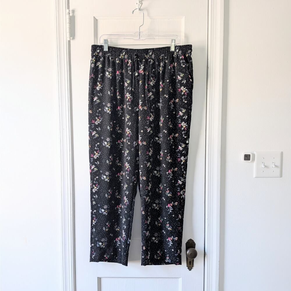 Christopher & Banks Black Floral Pull On Drawstring Pants w Pockets Sz. L